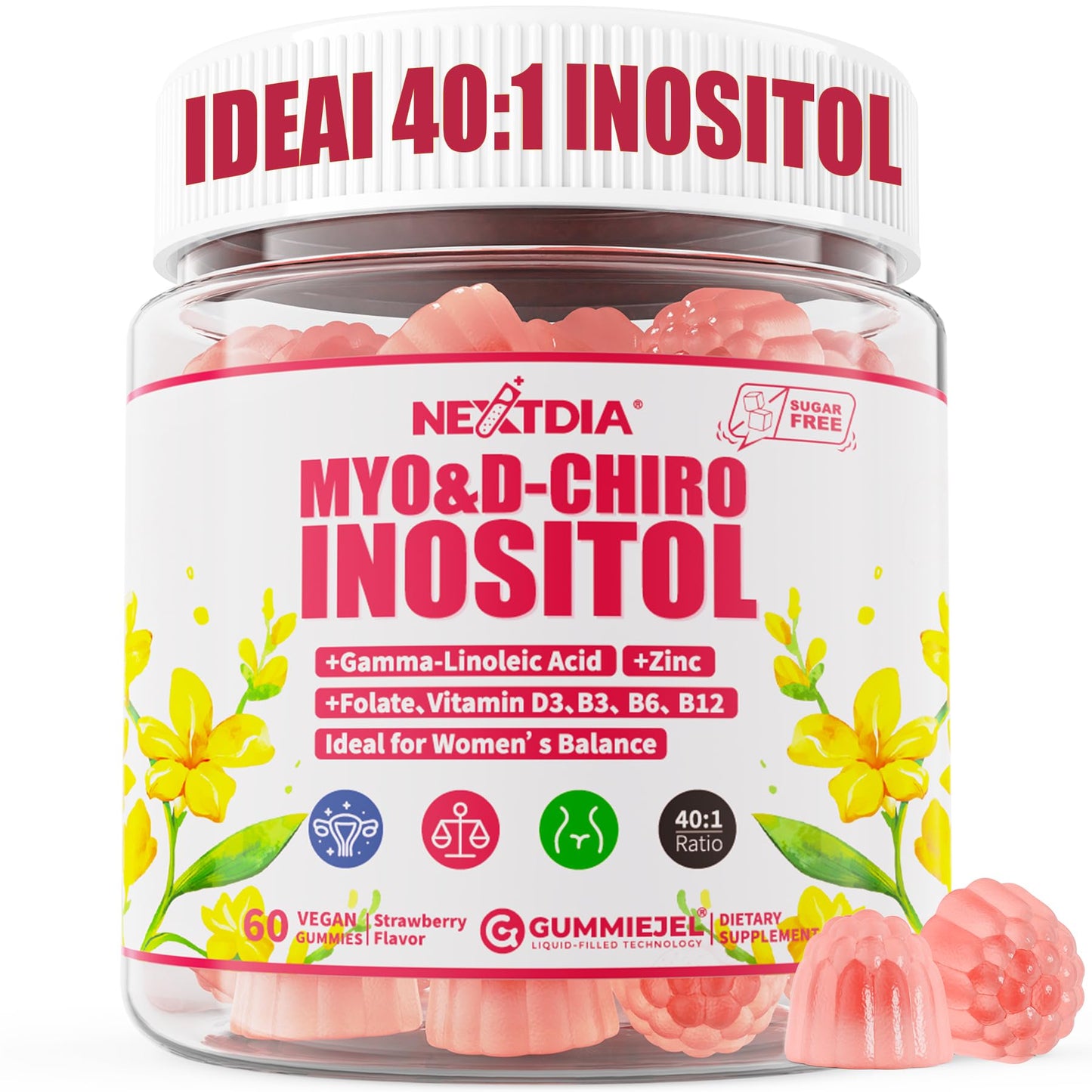 Myo-Inositol & D-Chiro Inositol Gummies 40:1 with Evening Primrose Oil for Women – Hormonal Balance, Regular Cycles, Ovarian Health, Vegan (60ct)