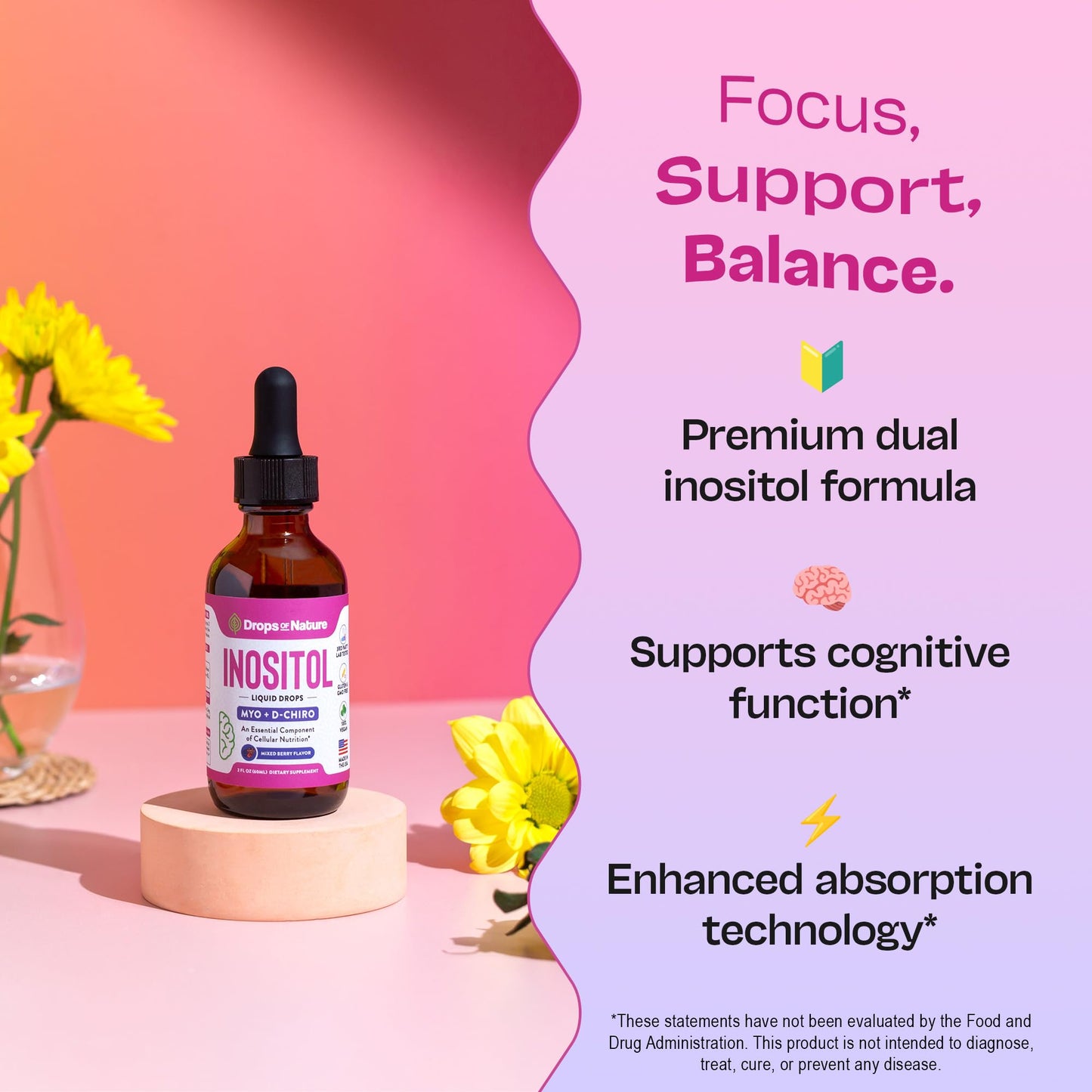 Inositol Supplement for Women – Pure Myo-Inositol & D-Chiro Inositol, Vegan Berry Drops 60ml