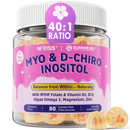 Myo-Inositol & D-Chiro Inositol Gummies for Hormone Balance – Sugar Free, 40:1 Ratio, Vegan, Ovarian Health (60 Cts)