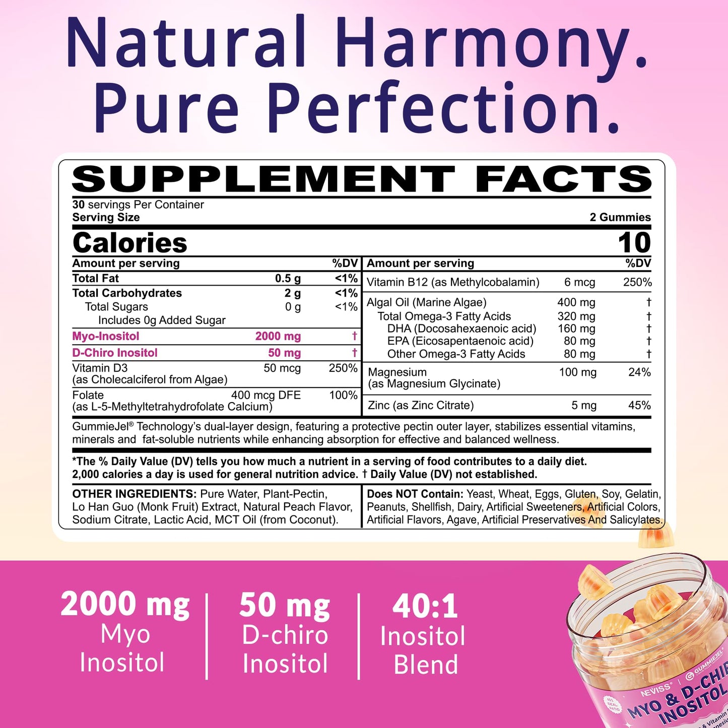 Myo-Inositol & D-Chiro Inositol Gummies for Hormone Balance – Sugar Free, 40:1 Ratio, Vegan, Ovarian Health (60 Cts)