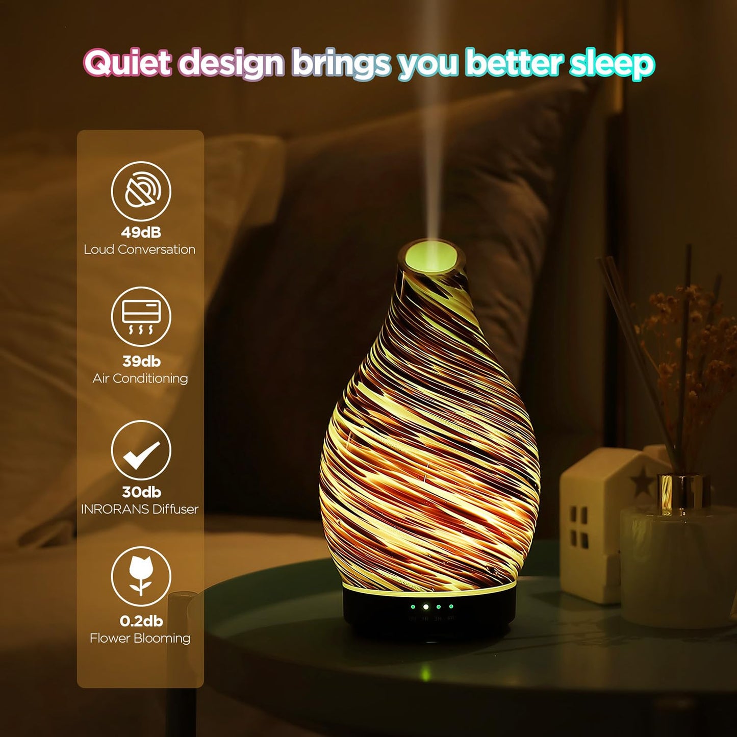 INRORANS Aromatherapy Diffuser Vase – Art Glass Ultrasonic Humidifier with Night Light