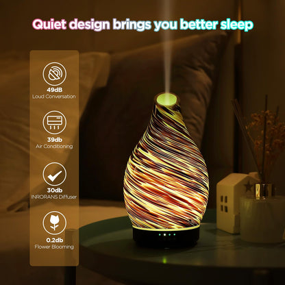 INRORANS Aromatherapy Diffuser Vase – Art Glass Ultrasonic Humidifier with Night Light