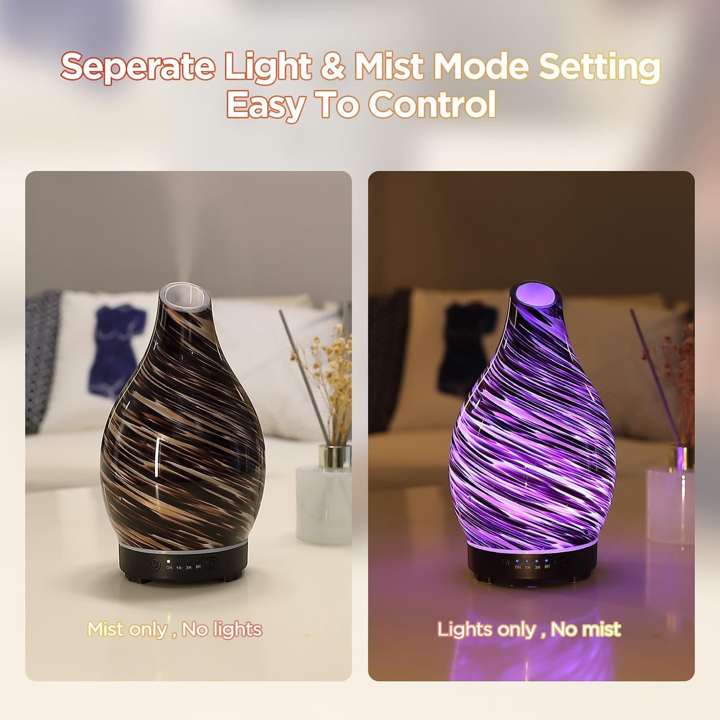 INRORANS Aromatherapy Diffuser Vase – Art Glass Ultrasonic Humidifier with Night Light