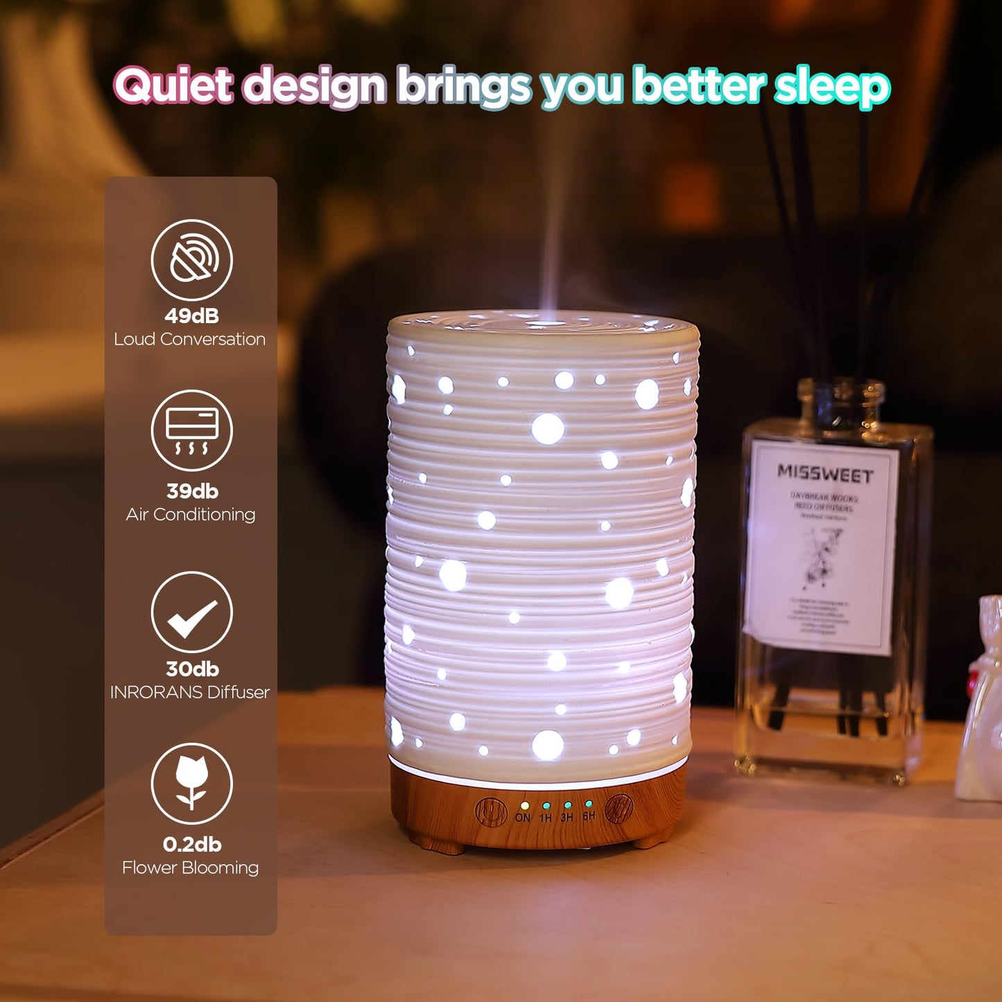 INRORANS Ceramic Aromatherapy Diffuser – Ultrasonic Stone Diffuser with Intermittent Mist & 7-Color LED Night Light