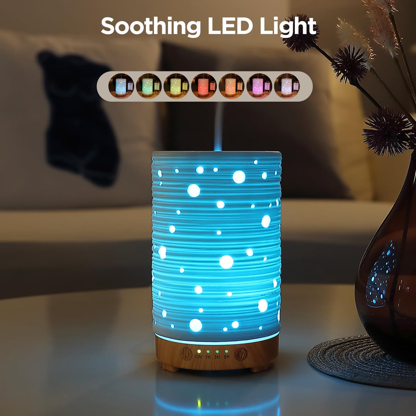 INRORANS Ceramic Aromatherapy Diffuser – Ultrasonic Stone Diffuser with Intermittent Mist & 7-Color LED Night Light