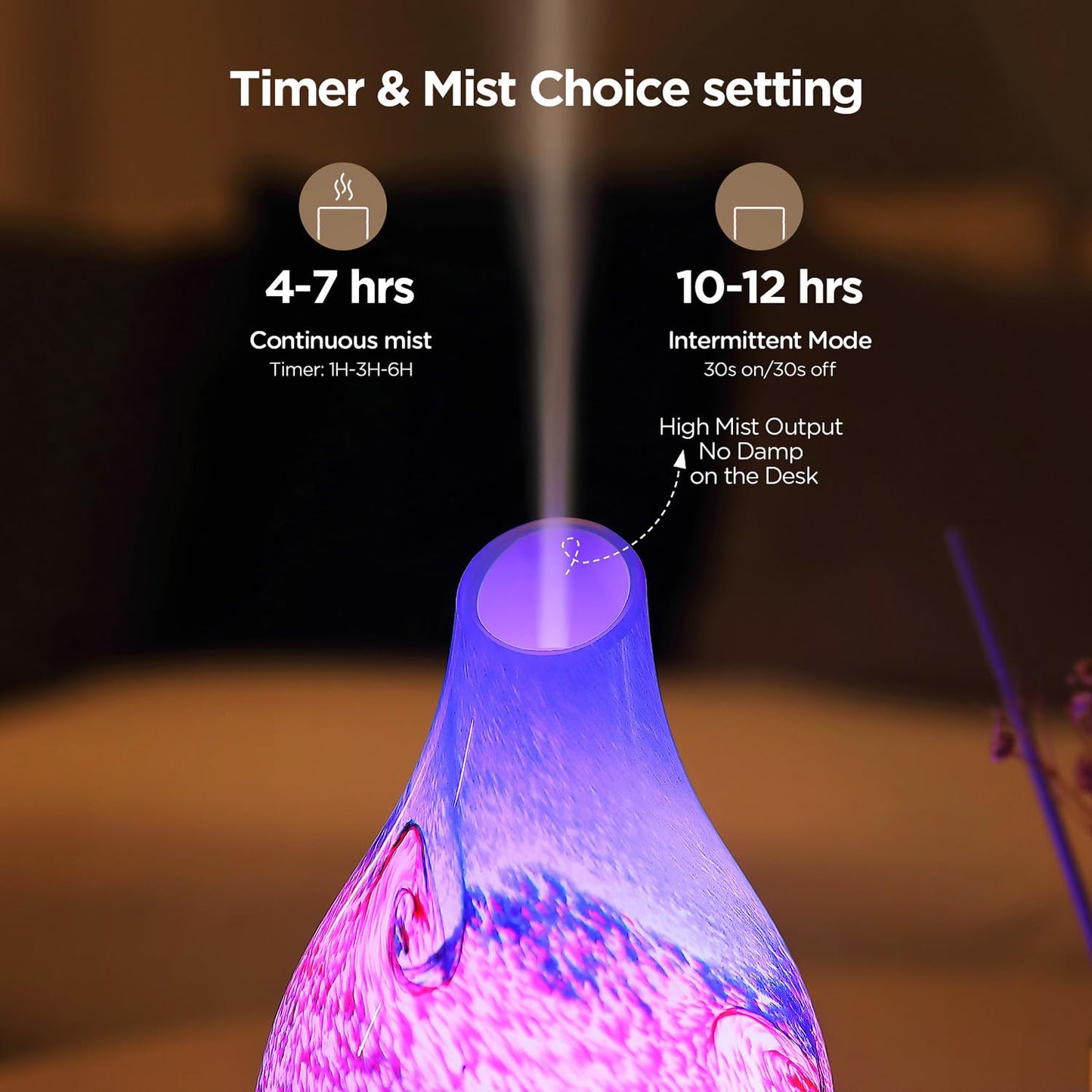 INRORANS Vase Diffuser 160ml – Art Glass Ultrasonic, Auto Shut-Off, 7 LED Colors