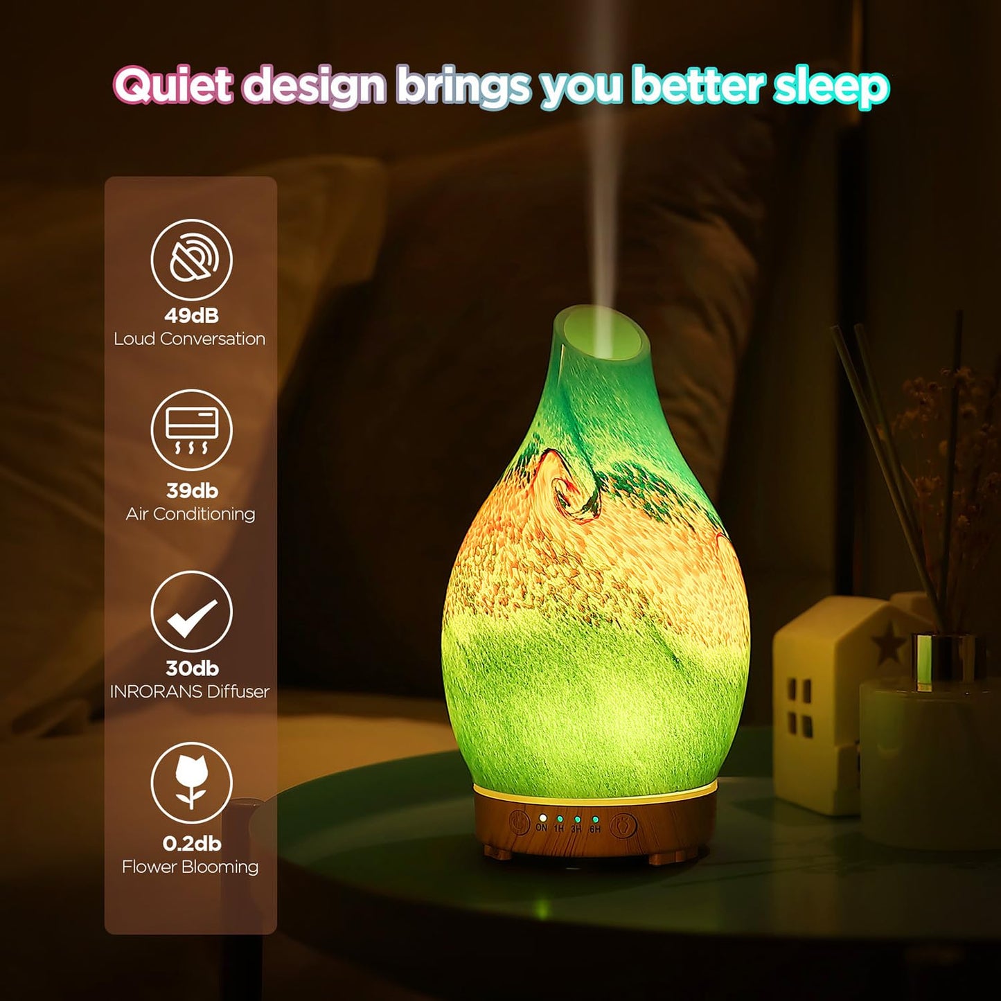 INRORANS Vase Diffuser 160ml – Art Glass Ultrasonic, Auto Shut-Off, 7 LED Colors