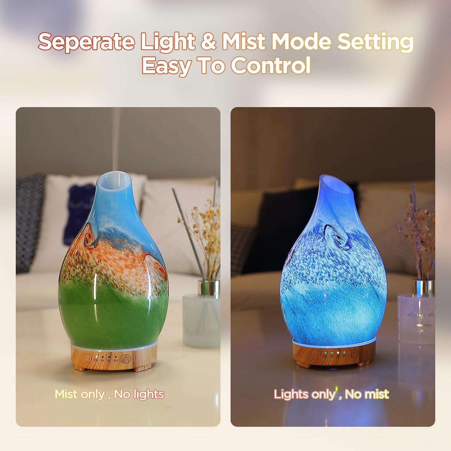 INRORANS Vase Diffuser 160ml – Art Glass Ultrasonic, Auto Shut-Off, 7 LED Colors