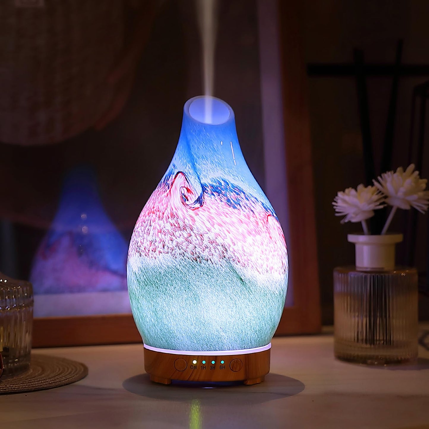 INRORANS Vase Diffuser 160ml – Art Glass Ultrasonic, Auto Shut-Off, 7 LED Colors