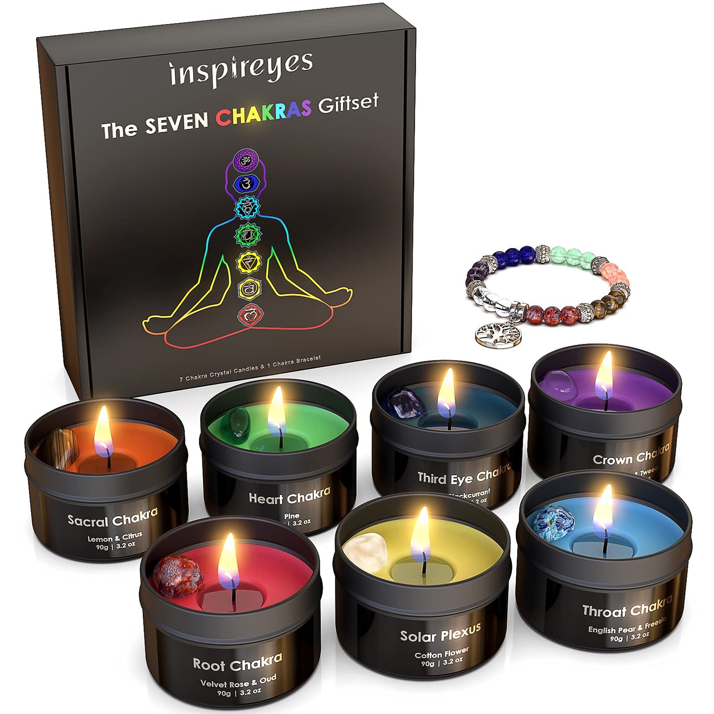 Inspireyes Chakra Candles with Premium Crystals – Luxury Healing Gift Set