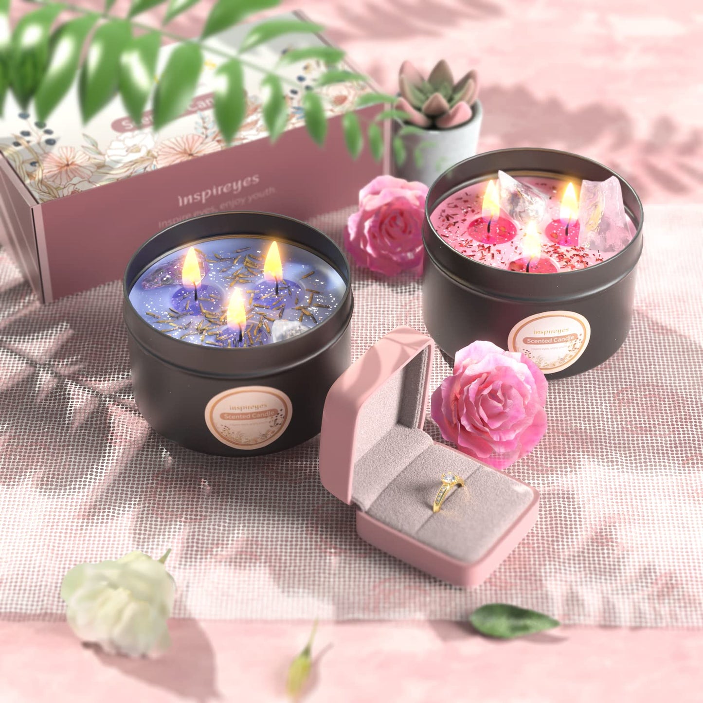 Inspireyes Scented Candles with Crystals – 3 Wick Soy 19 oz