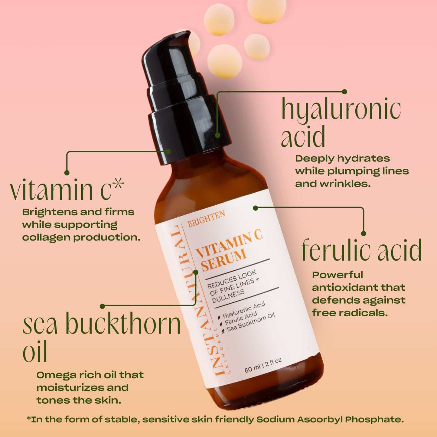 InstaNatural Vitamin C Serum with Hyaluronic Acid & Ferulic Acid — Brightening & Hydrating Formula | 2 FL Oz