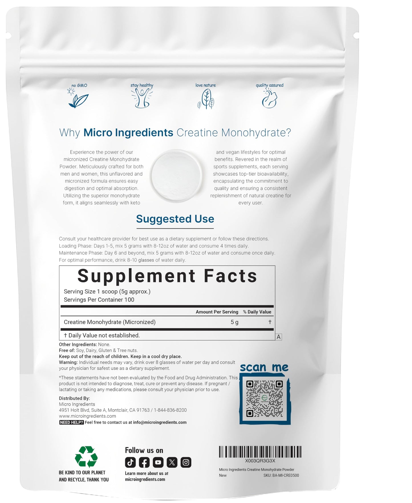 Instant Creatine Monohydrate Powder 500g – 5g/Serving, Unflavored, Keto & Vegan
