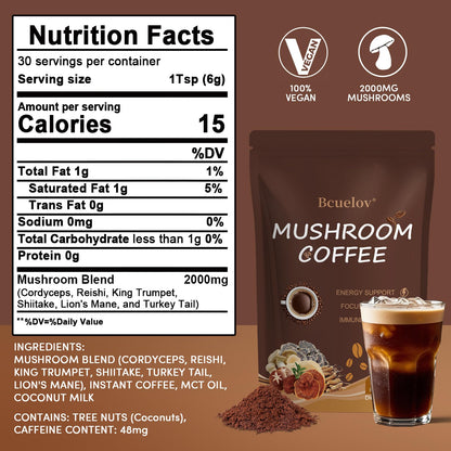 Mushroom Coffee with 6 Adaptogenic Mushrooms & MCT Oil – 30 Servings