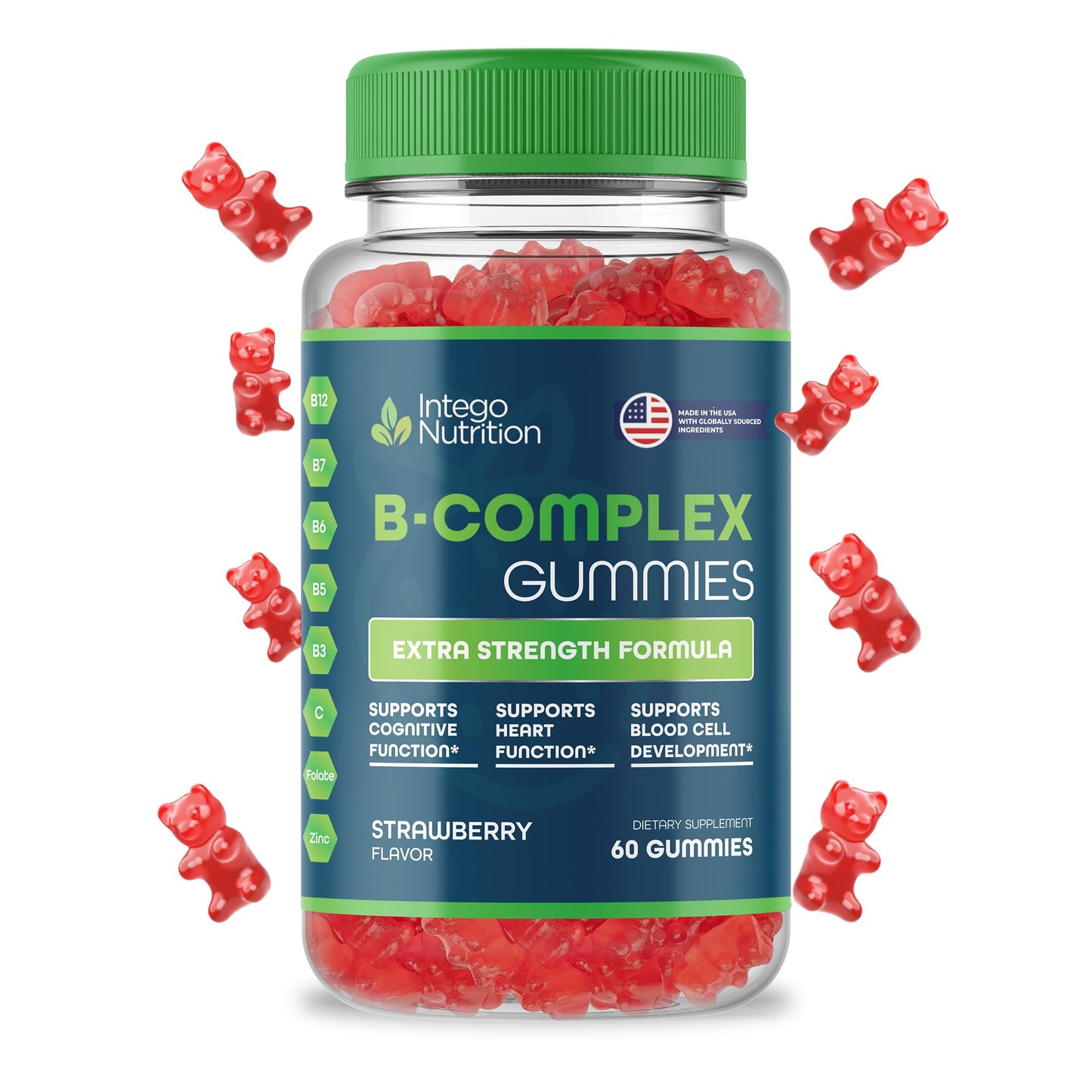 INTEGO NUTRITION Vitamin B Complex Gummies for Adults – Strawberry Flavor, 60 Count | Energy & Brain Health