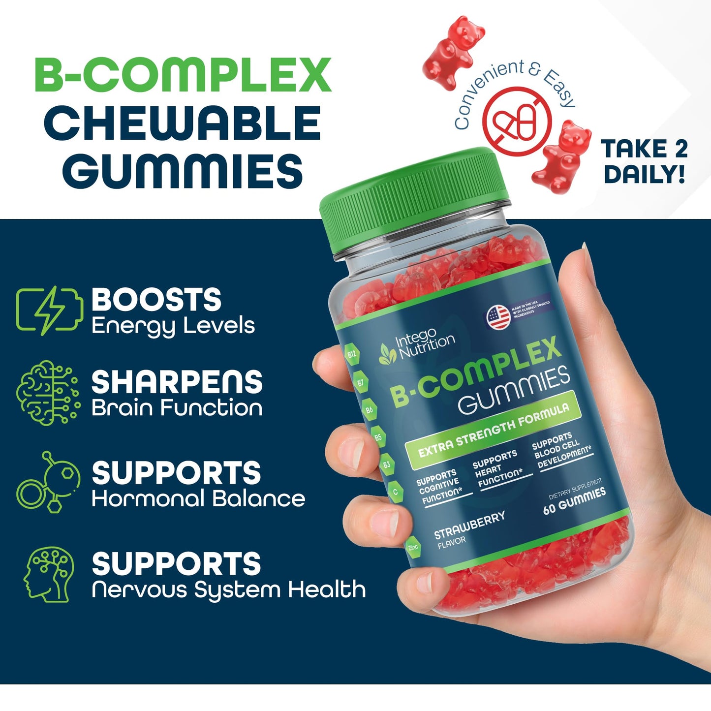 INTEGO NUTRITION Vitamin B Complex Gummies for Adults – Strawberry Flavor, 60 Count | Energy & Brain Health