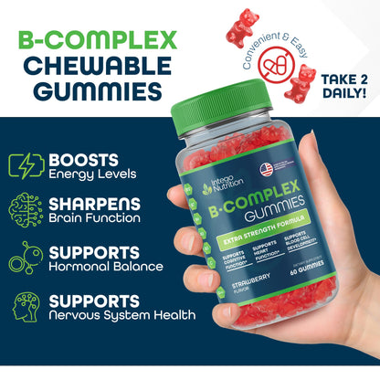 INTEGO NUTRITION Vitamin B Complex Gummies for Adults – Strawberry Flavor, 60 Count | Energy & Brain Health