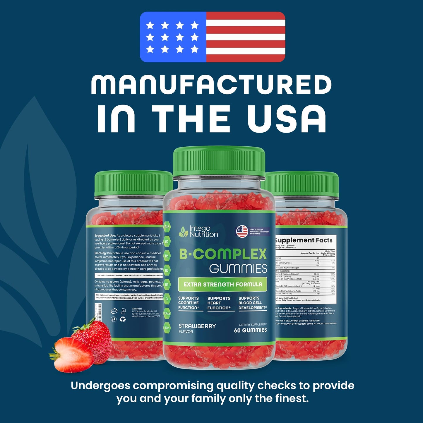 INTEGO NUTRITION Vitamin B Complex Gummies for Adults – Strawberry Flavor, 60 Count | Energy & Brain Health
