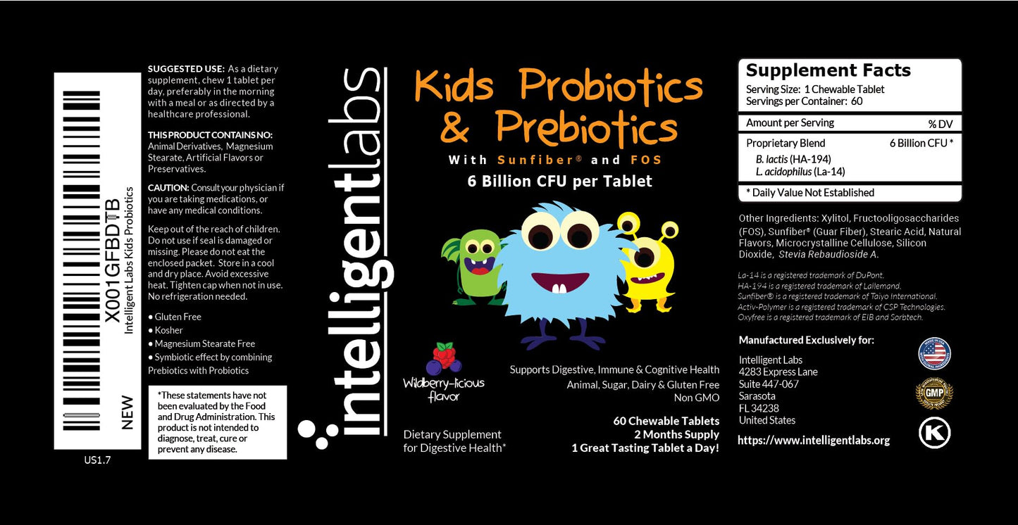 Intelligent Labs 6B CFU Kids Probiotic with Prebiotics – Sunfiber & FOS – 60-Day Chewable