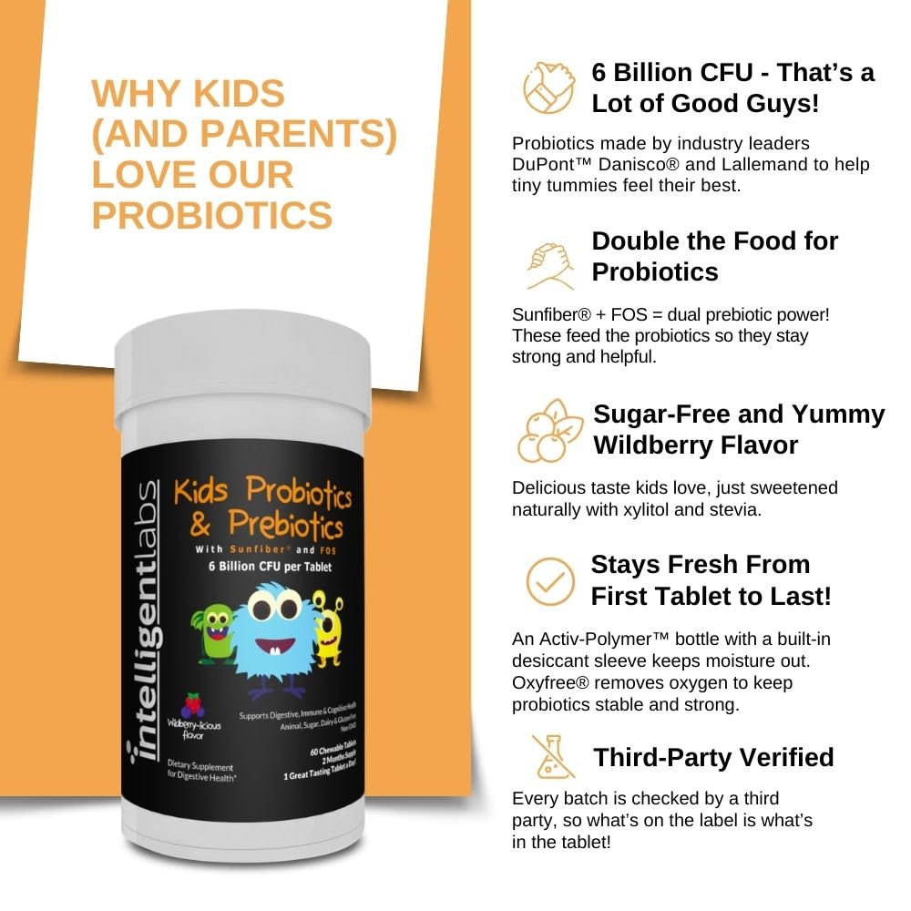Intelligent Labs 6B CFU Kids Probiotic with Prebiotics – Sunfiber & FOS – 60-Day Chewable