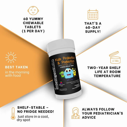 Intelligent Labs 6B CFU Kids Probiotic with Prebiotics – Sunfiber & FOS – 60-Day Chewable
