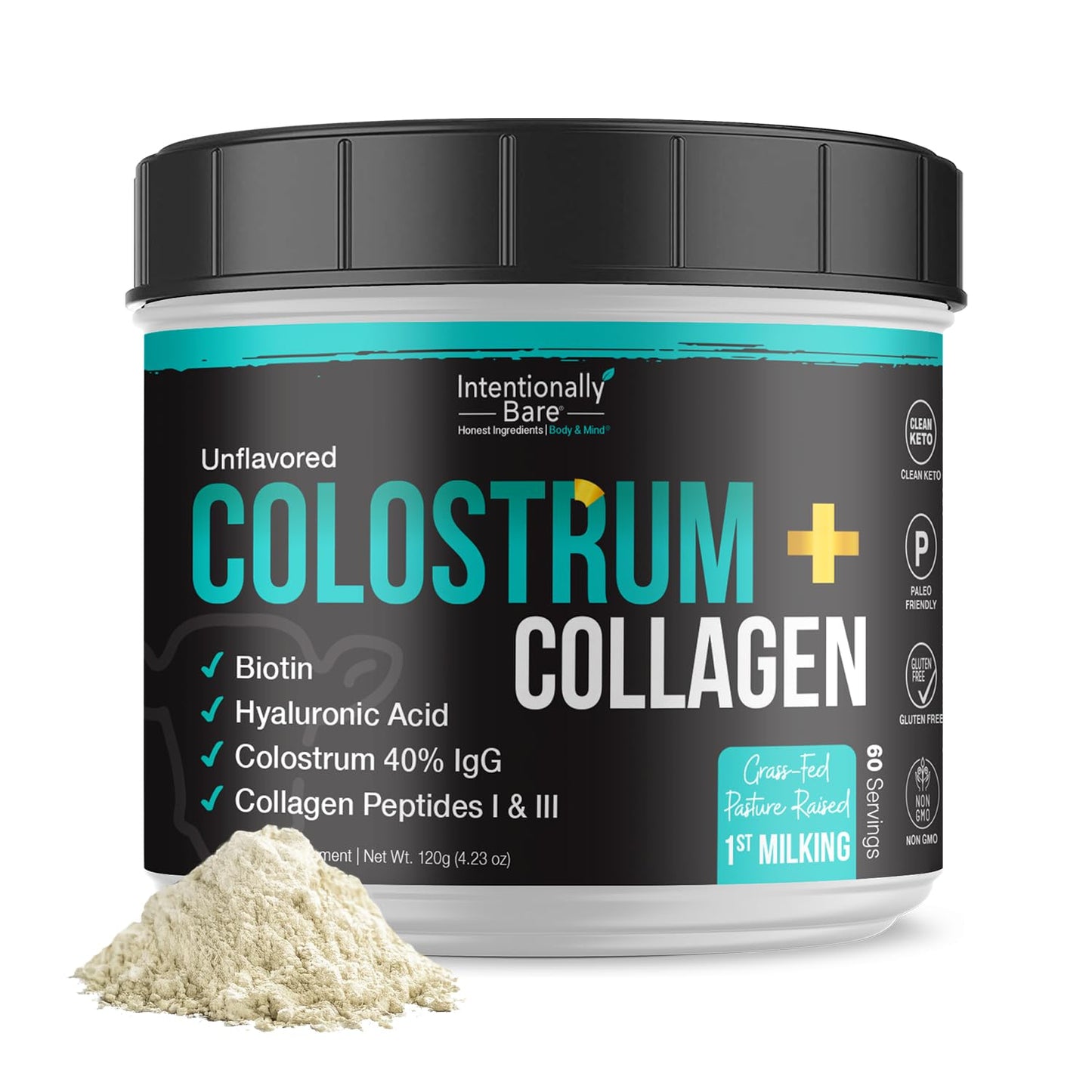 Intentionally Bare Colostrum & Collagen Powder – Grass-Fed, Biotin, Hyaluronic Acid | 60 Servings