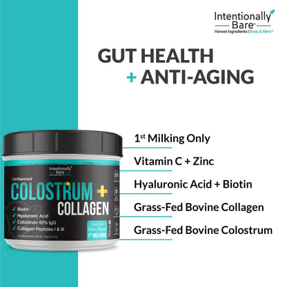 Intentionally Bare Colostrum & Collagen Powder – Grass-Fed, Biotin, Hyaluronic Acid | 60 Servings