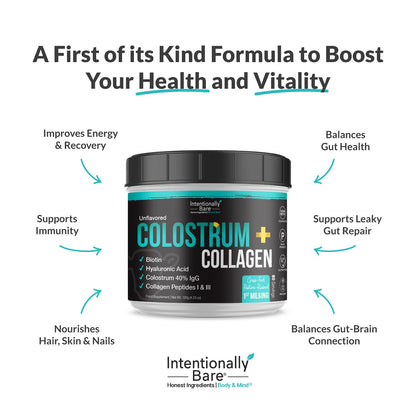 Intentionally Bare Colostrum & Collagen Powder – Grass-Fed, Biotin, Hyaluronic Acid | 60 Servings