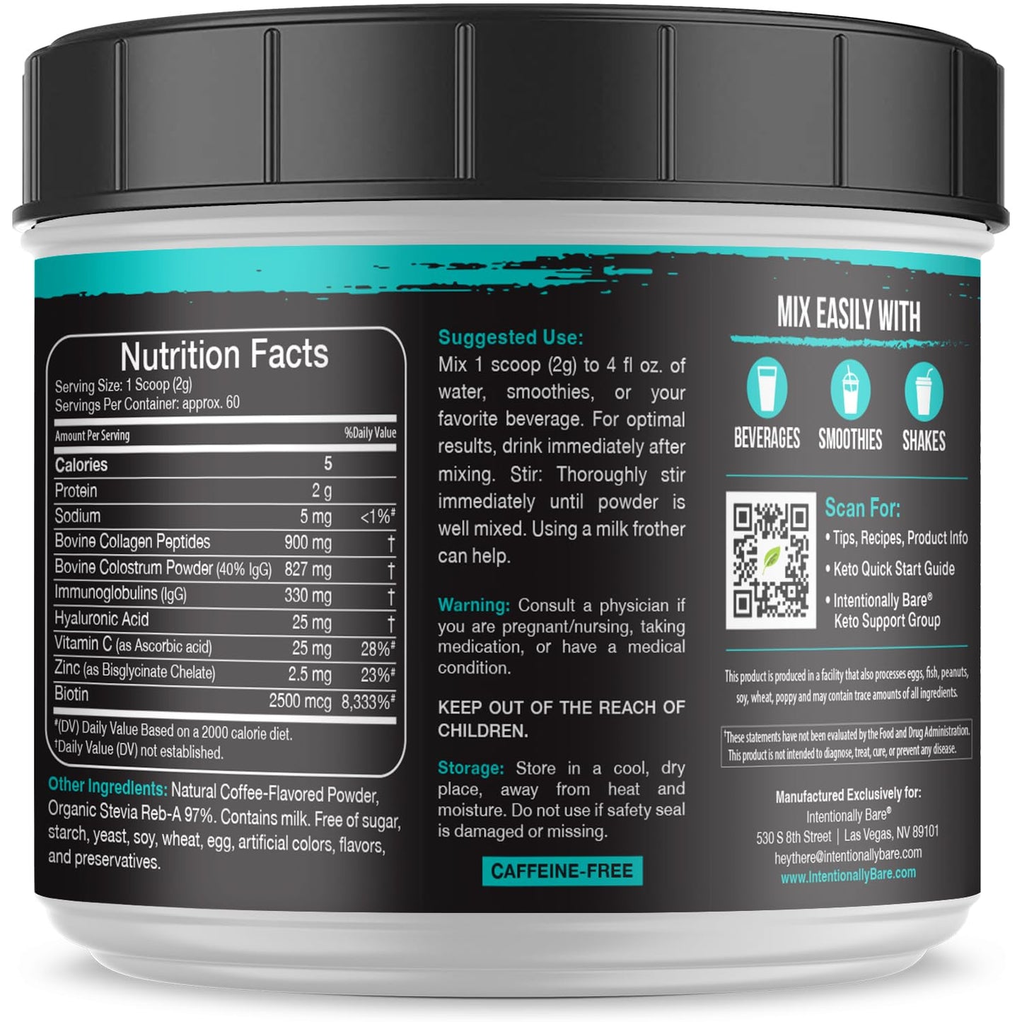 Intentionally Bare Colostrum & Collagen Powder – Coffee Flavor, 60 Servings