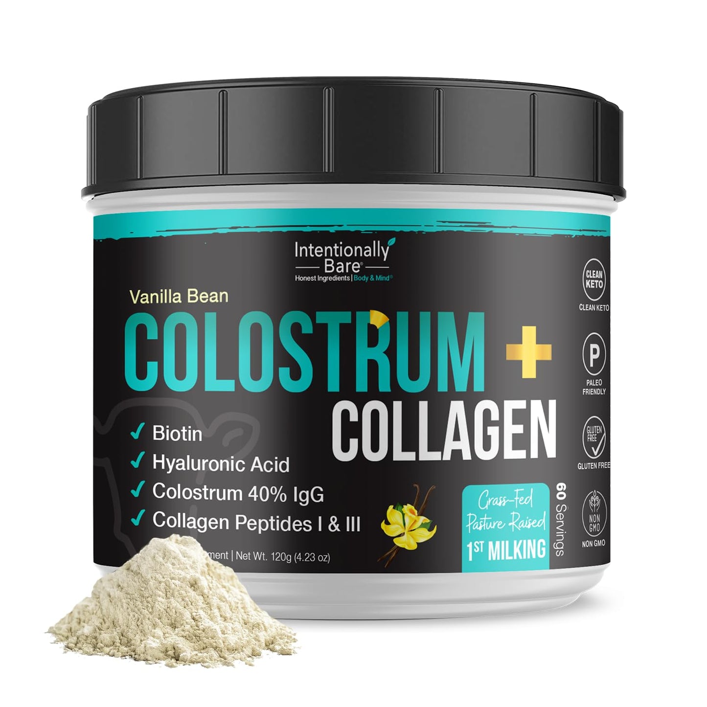 Intentionally Bare Colostrum & Collagen Powder – Vanilla Bean, Grass-Fed, 60 Servings