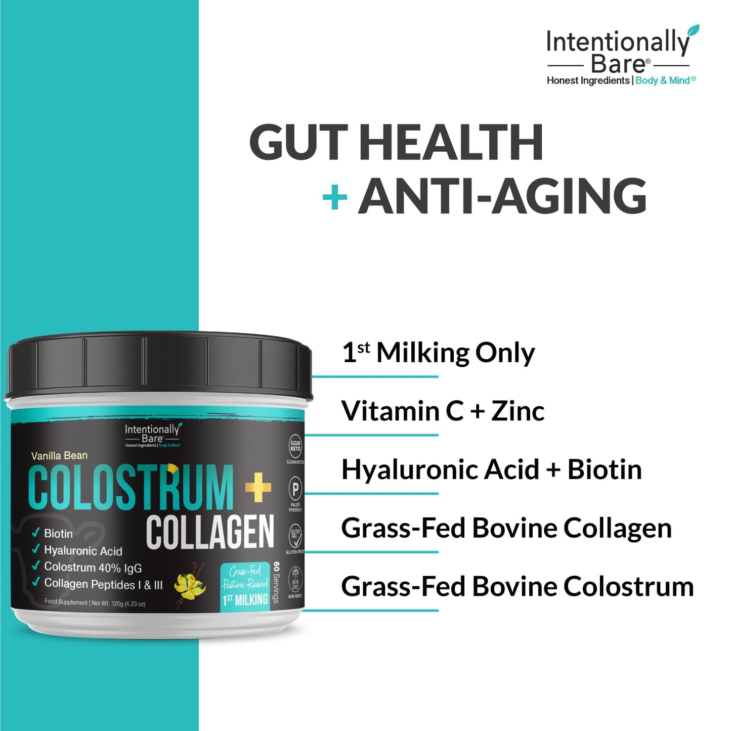 Intentionally Bare Colostrum & Collagen Powder – Vanilla Bean, Grass-Fed, 60 Servings