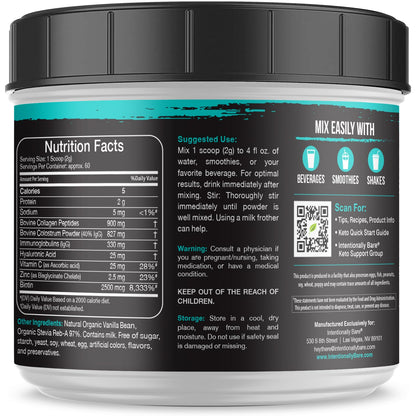 Intentionally Bare Colostrum & Collagen Powder – Vanilla Bean, Grass-Fed, 60 Servings