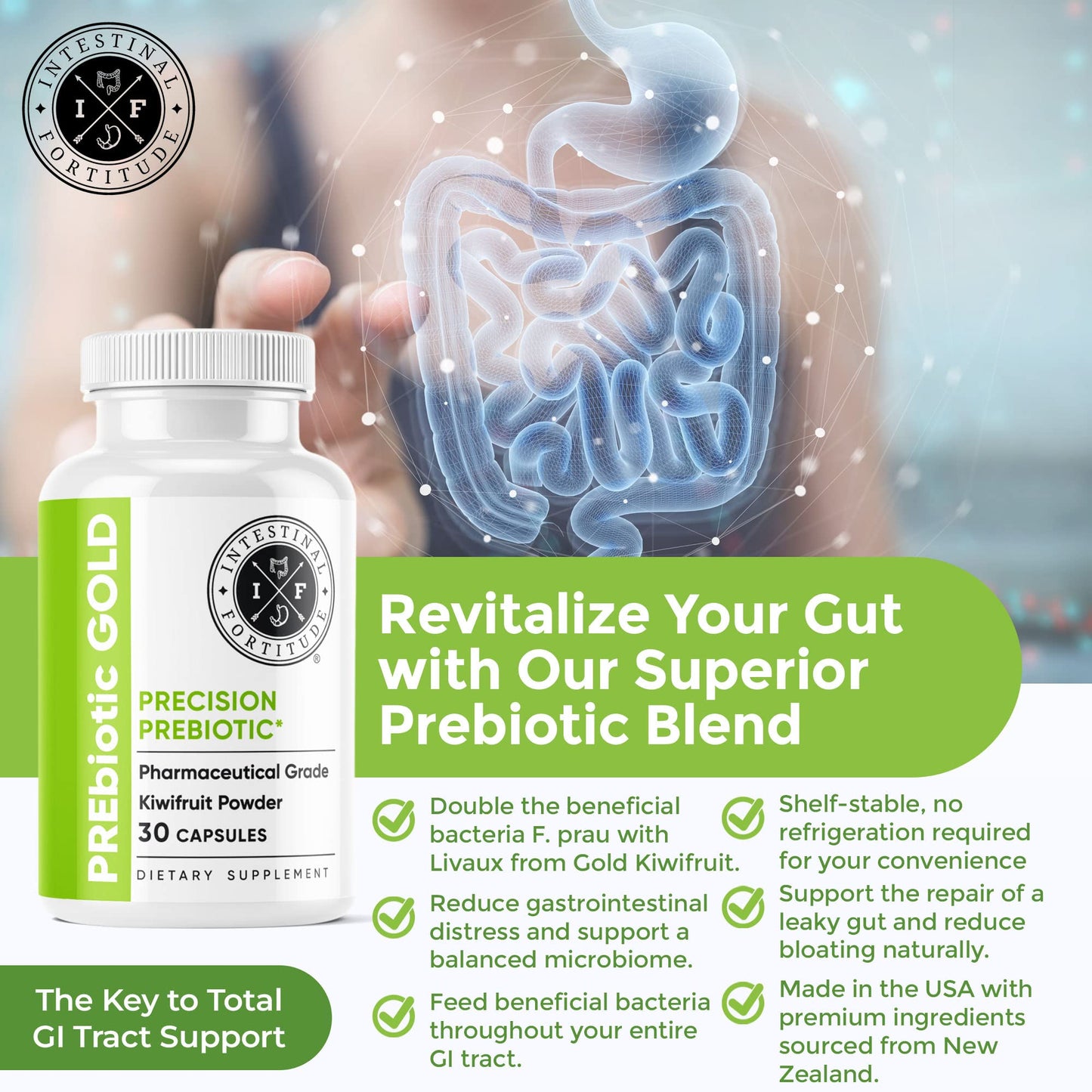 Intestinal Fortitude PREbiotic Gold: Kiwifruit Fiber & Butyrate for Gut Health (Dairy-Free)