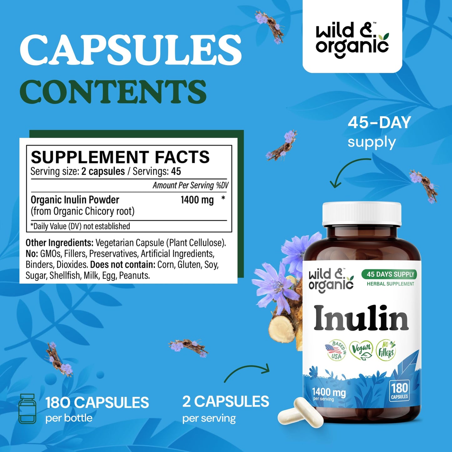 Wild & Organic Inulin Capsules 1400 mg – Vegan Prebiotic Fiber (Chicory Root) – 180 Capsules