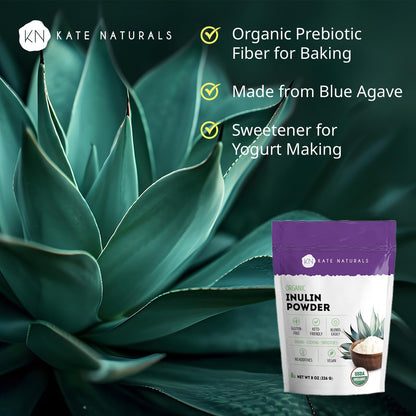 Kate Naturals Inulin Powder Organic Blue Agave (8oz) - Prebiotic Fiber for Coffee, Yogurt & Smoothies