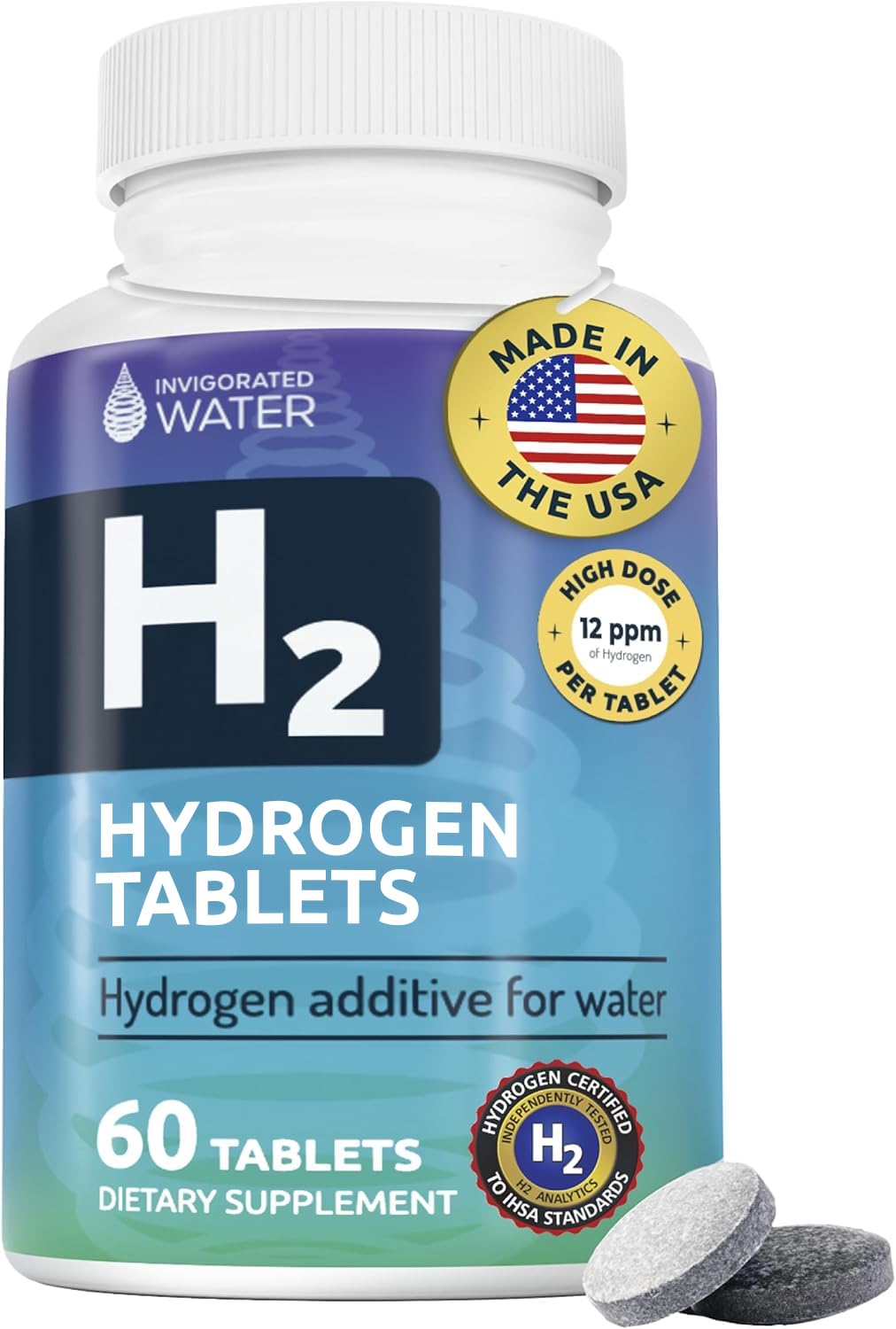 Invigorated Water Hydrogen Tablets – 12 PPM H2, 60 Servings, Non-GMO