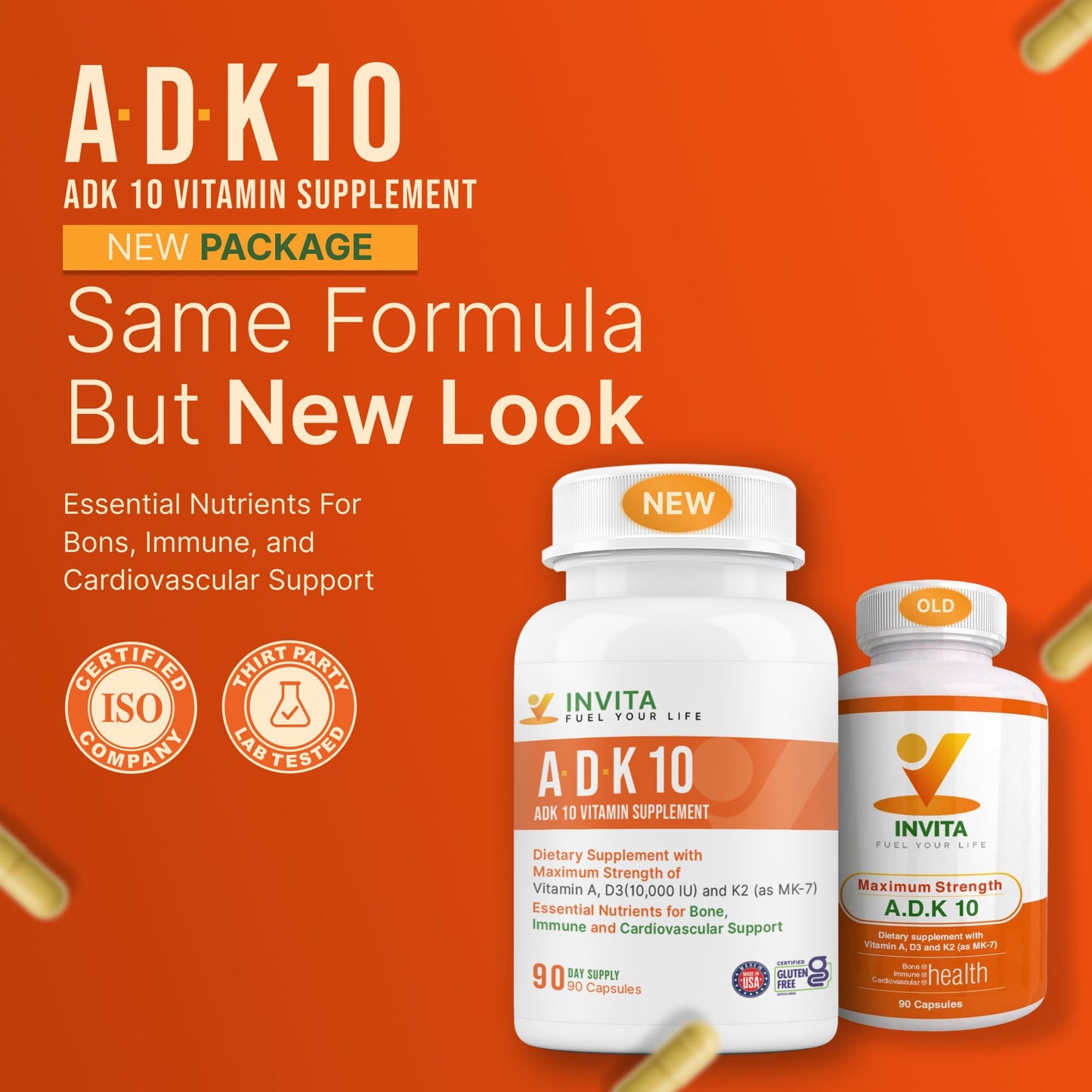 INVITA ADK 10 Vitamin Supplement – 90 Capsules | A, D3 10,000 IU & K2 MK-7