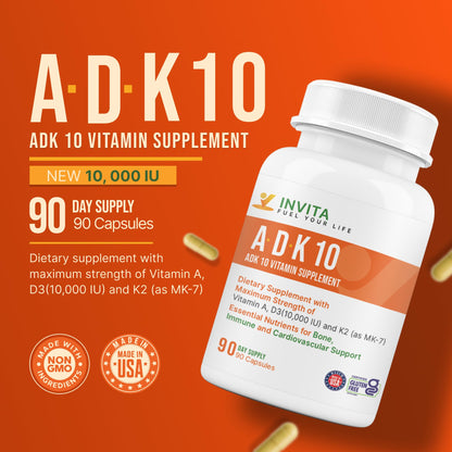 INVITA ADK 10 Vitamin Supplement – 90 Capsules | A, D3 10,000 IU & K2 MK-7