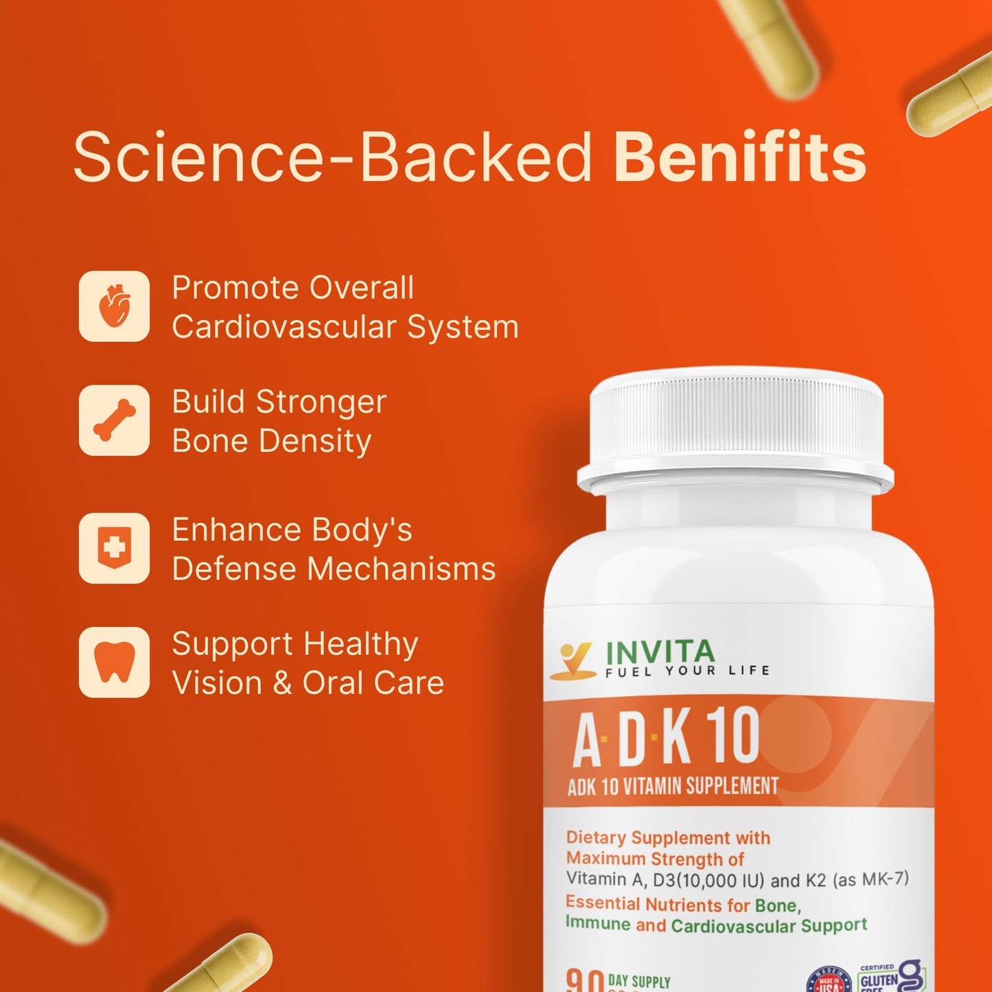 INVITA ADK 10 Vitamin Supplement – 90 Capsules | A, D3 10,000 IU & K2 MK-7