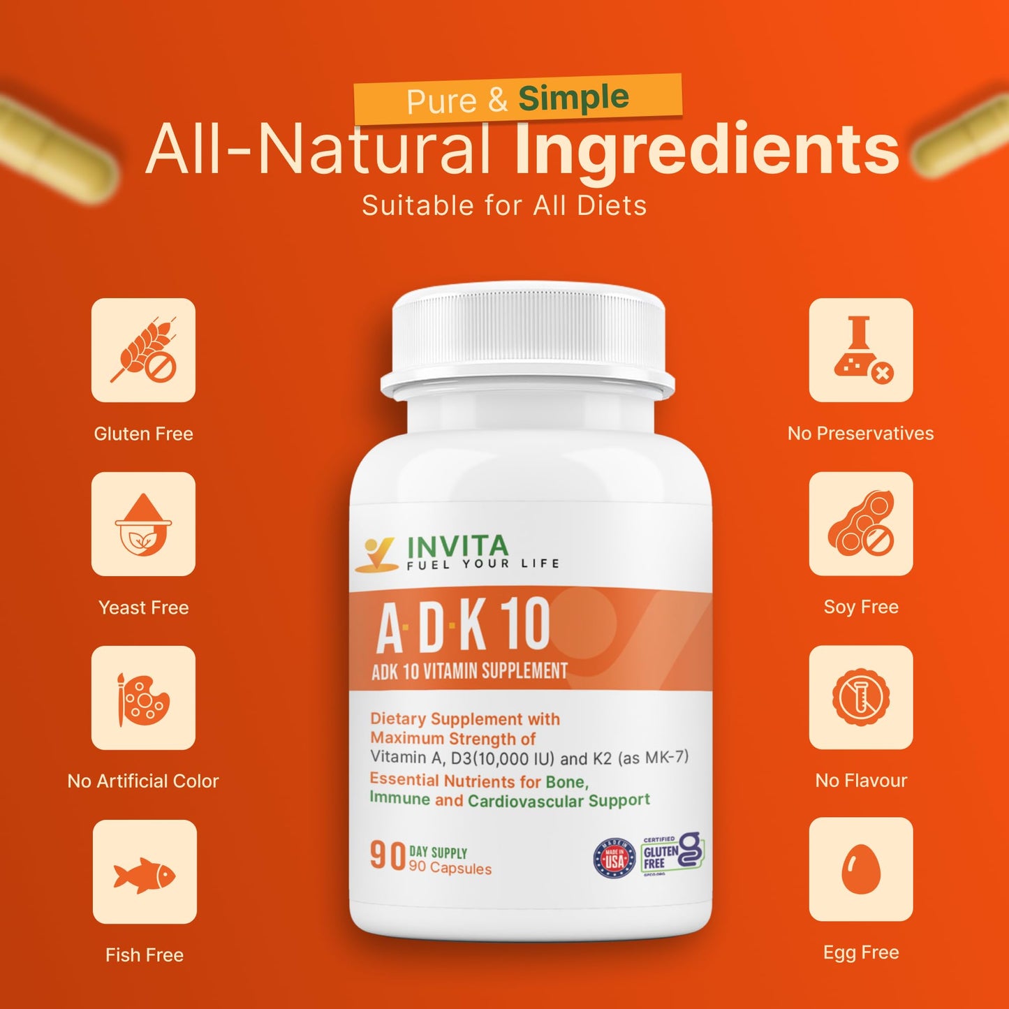 INVITA ADK 10 Vitamin Supplement – 90 Capsules | A, D3 10,000 IU & K2 MK-7