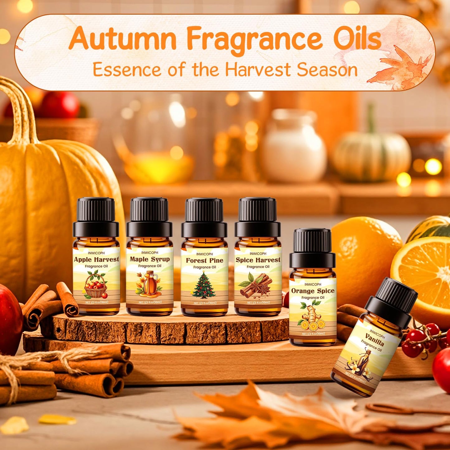 INWICOPH Autumn Fragrance Oils Set | 6x10ml Fall Scents for Diffuser & Candle Making