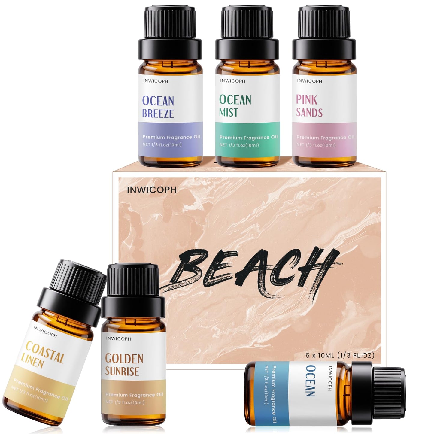 INWICOPH Beach Fragrance Oil Set – 6x10ml for Diffusers, Candles & Soaps