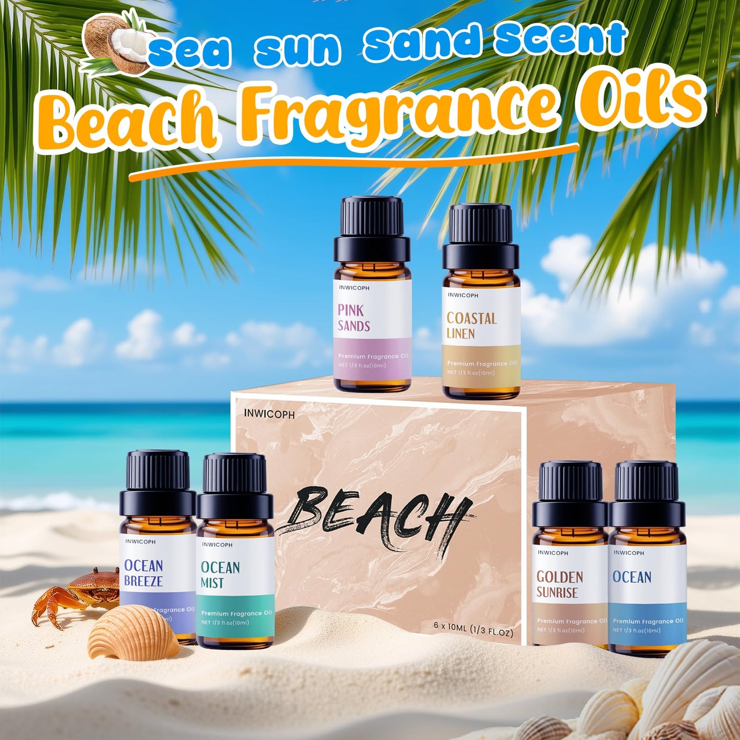 INWICOPH Beach Fragrance Oil Set – 6x10ml for Diffusers, Candles & Soaps