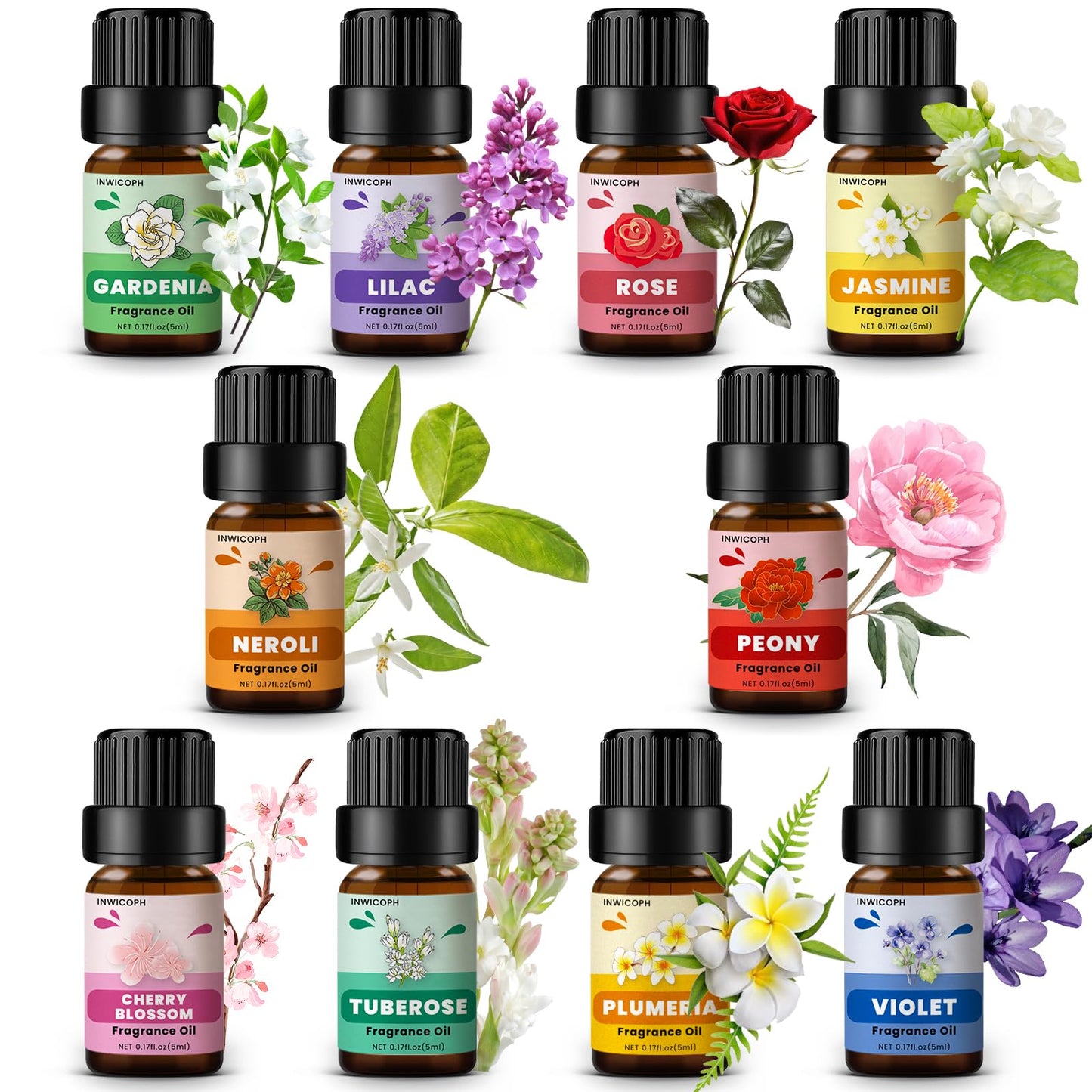 INWICOPH Floral Essential Oils – Rose, Jasmine, Gardenia & More for Diffusers, Candles & DIY