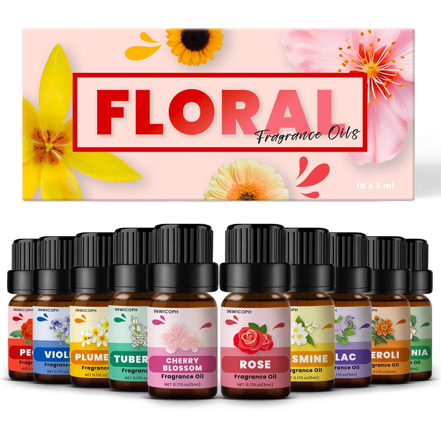 INWICOPH Floral Essential Oils – Rose, Jasmine, Gardenia & More for Diffusers, Candles & DIY