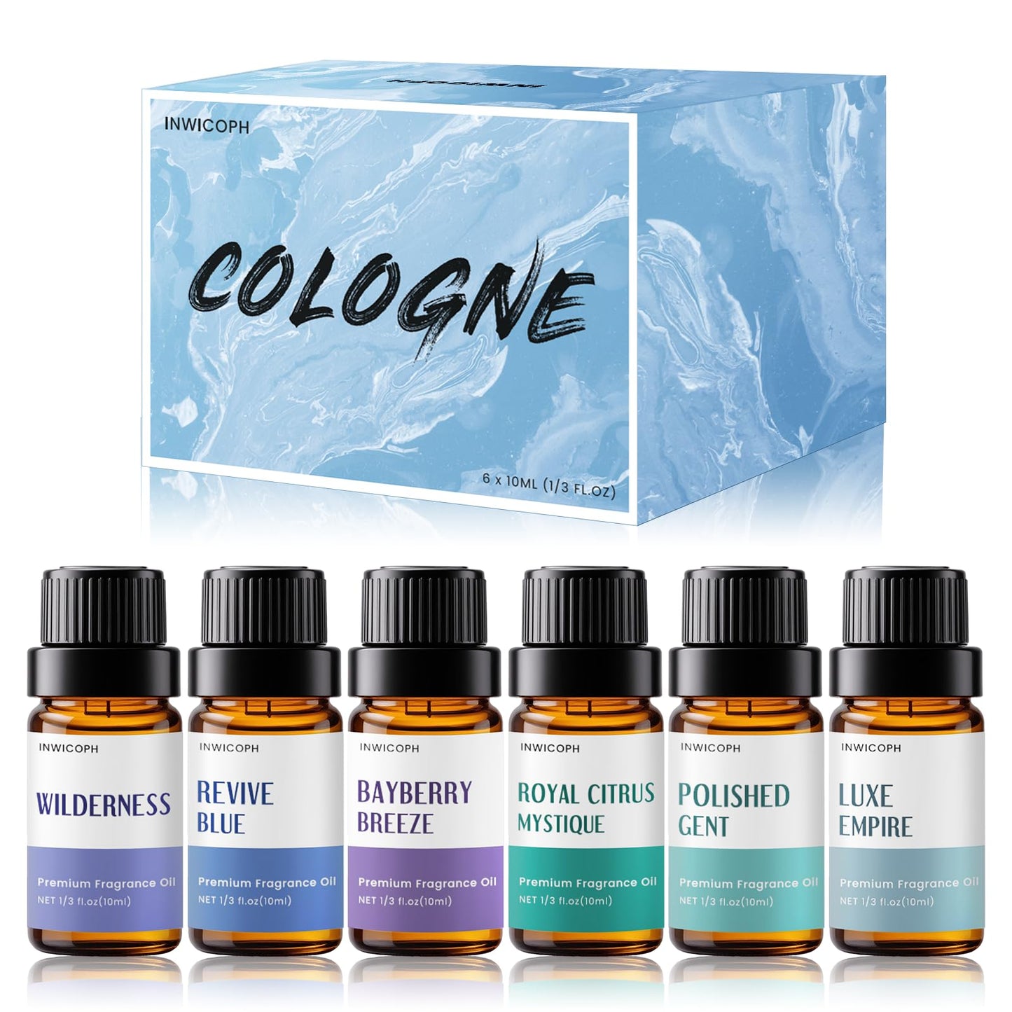 INWICOPH Fragrance Oils for Men - 6x10ml Cologne & Aromatherapy Set | Luxe Empire, Polished Gent, Bayberry Breeze