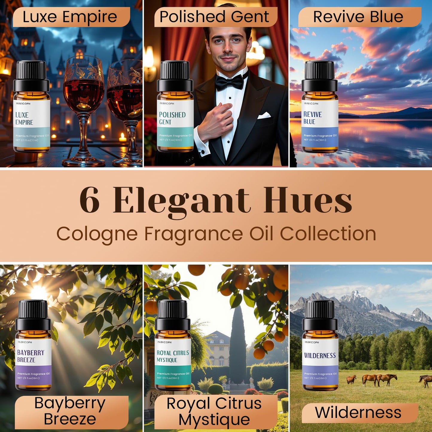 INWICOPH Fragrance Oils for Men - 6x10ml Cologne & Aromatherapy Set | Luxe Empire, Polished Gent, Bayberry Breeze