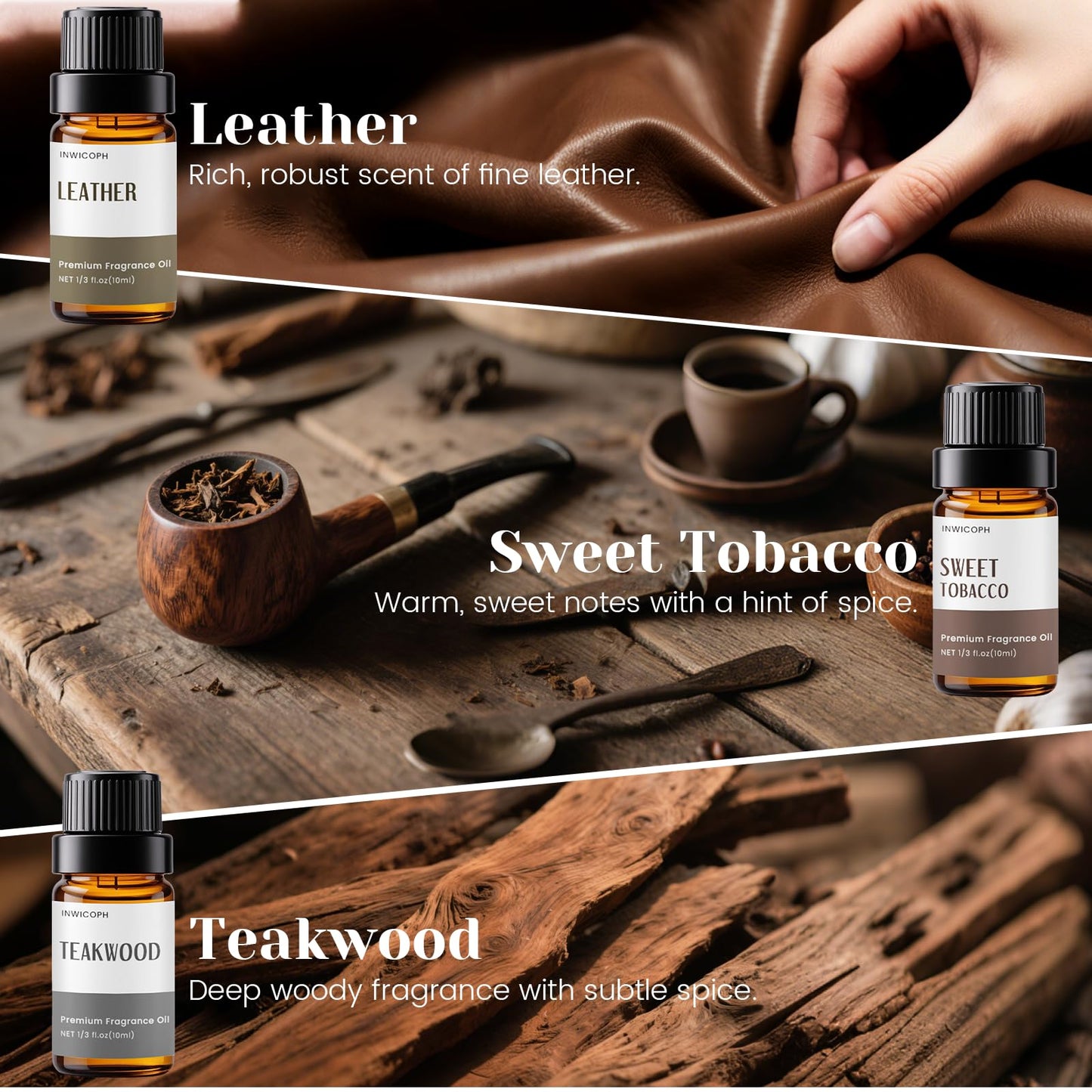 INWICOPH Men's Essential Oils Set - 6x10ml Leather, Teakwood & Bay Rum