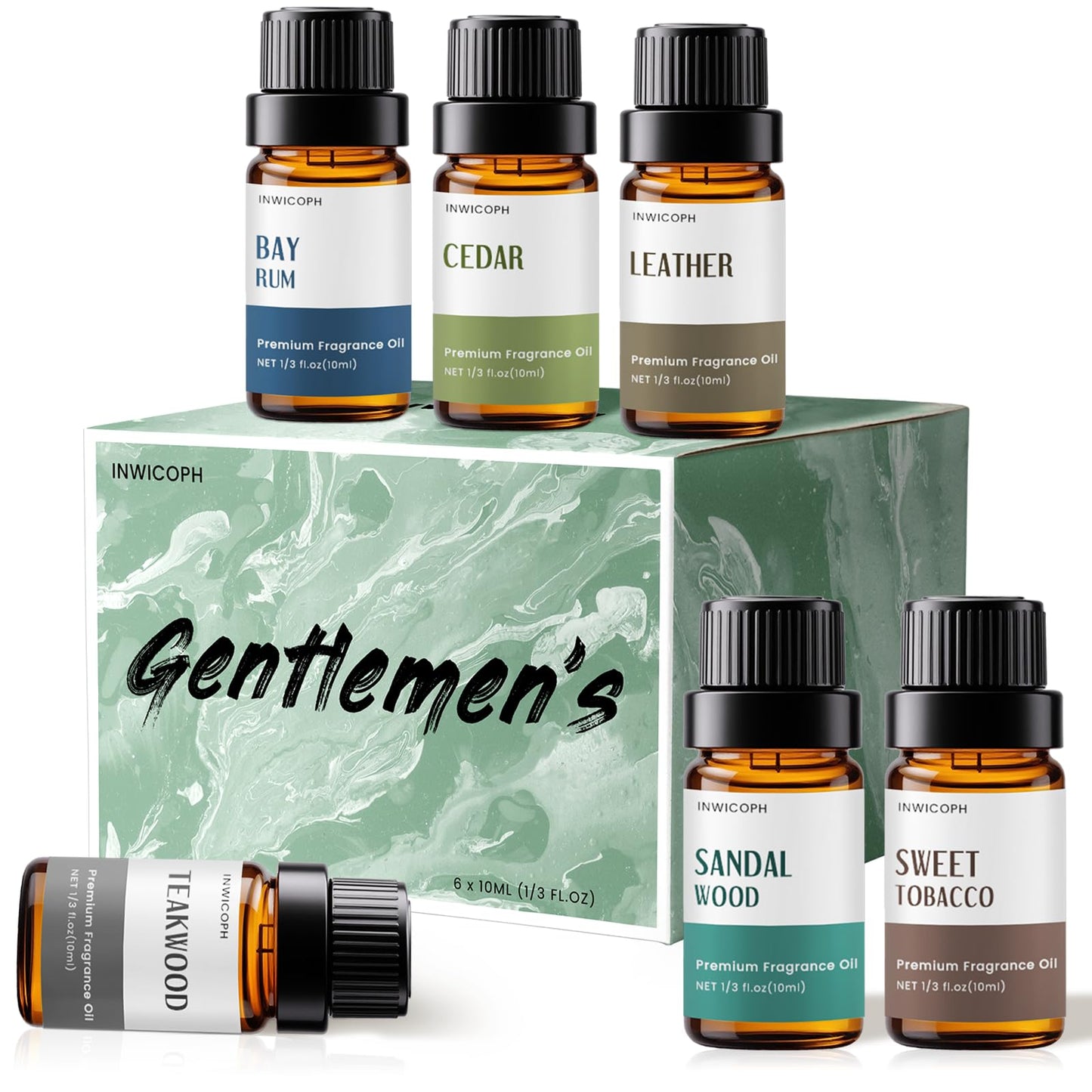 INWICOPH Men's Essential Oils Set - 6x10ml Leather, Teakwood & Bay Rum