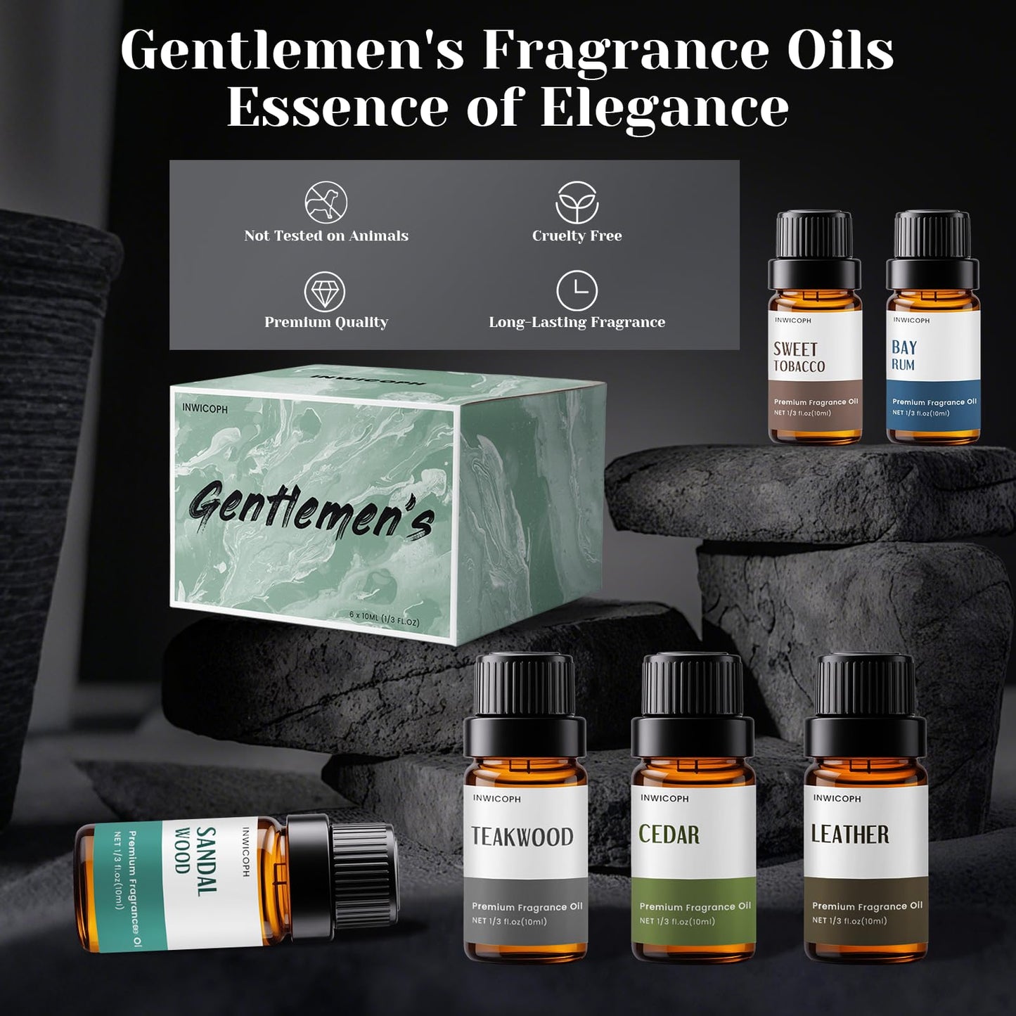 INWICOPH Men's Essential Oils Set - 6x10ml Leather, Teakwood & Bay Rum